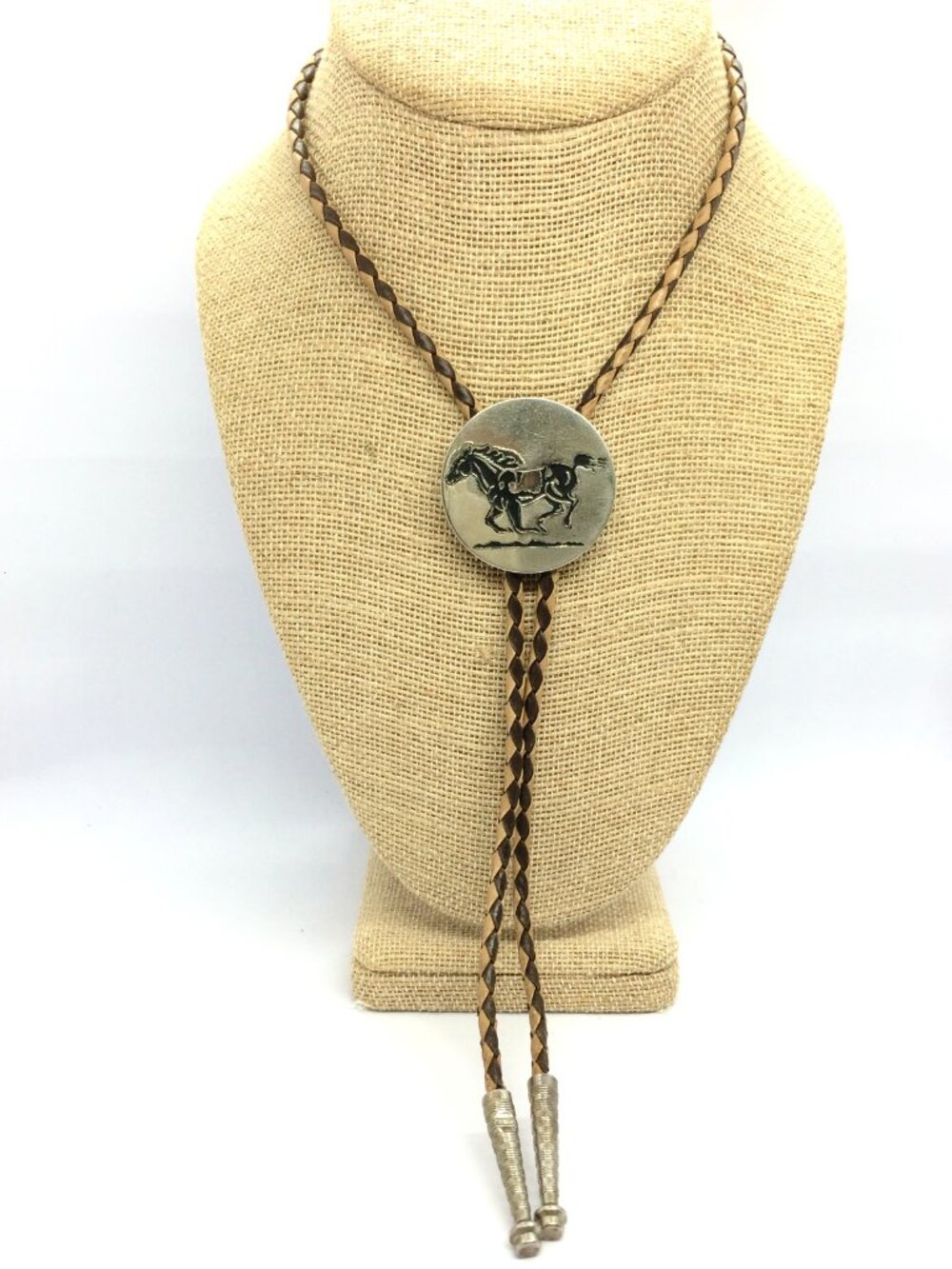 VINTAGE HORSE BOLO Tie Chambers Phoenix Silver Tone Western Braided Cord